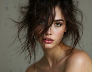 Fototapeta premium Portrait, young woman, messy dark hair, intense green eyes, full lips, natural makeup, bare shoulders, glowing skin, dramatic lighting
