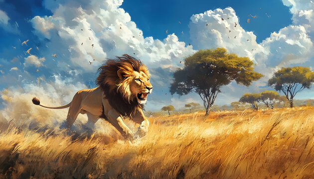 Un lion majestueux courant dans la savane, chassant une proie et soulevant de la poussi??re.