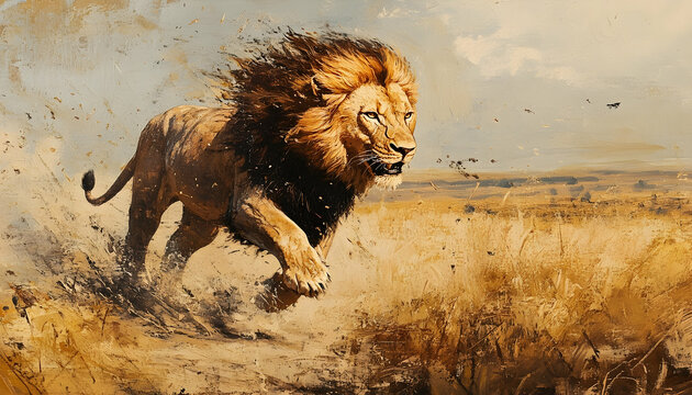 Un lion majestueux courant dans la savane, chassant une proie et soulevant de la poussi??re.