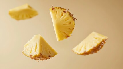 Dynamic studio shot of pineapple slices captured in perspective with a 16mm lens. The pieces appear to float mid-air, showcasing vibrant yellow hues and texture against a clean, minimal background.