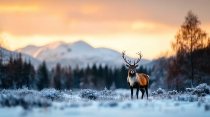 Majestic Reindeer Standing in Beautiful Snowy Landscape at Sunrise with Mountains in Background