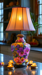 Diwali product display background, Rangoli and diya harmony, granite podium, vibrant, hand-drawn rangoli of rich purples, yellows and pinks, diyas emit soft warm light, traditional elegant design, ad