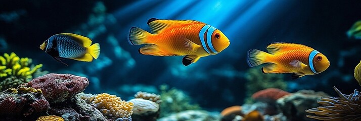 Fototapeta premium Vibrant Underwater World: Tropical Fishes in Coral Reef Aquarium
