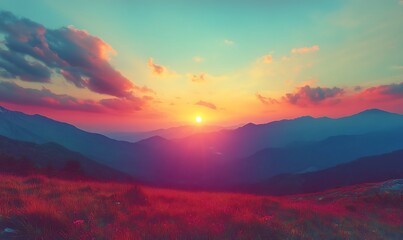 Obraz premium A panoramic shot of a colorful sunrise in the mountains, filtered with a cross-processed vintage