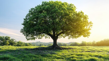 Fototapeta premium A majestic tree stands alone in a vibrant green meadow under a bright sky, symbolizing nature's beauty