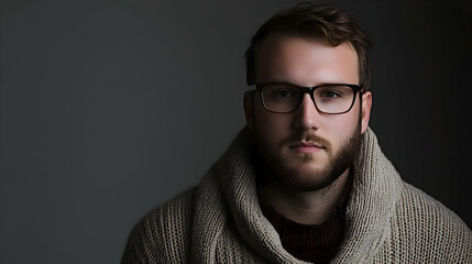 Obraz premium Male librarian in a cozy sweater, plain grey background, professional and composed, clear facial features