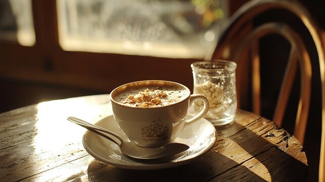  A mug of java perched on top of a ceramic dish atop a wooden worktable beside a glass of H2O