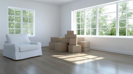 Cardboard boxes and personal items are organized in an empty room, indicating preparation for moving into a new living space