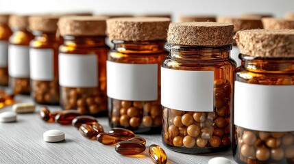 Close-up of amber glass jars filled with capsules and pills, arranged neatly on a wooden surface