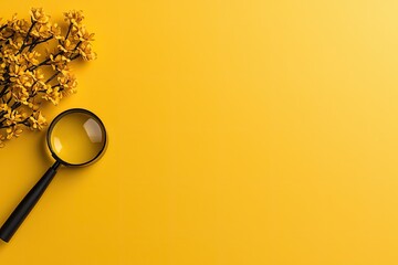 Exploring nature's beauty yellow floral arrangement with magnifying glass on bright background