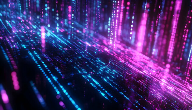 Vibrant close-up of animated HTML code, highlighting digital software development with bright visuals