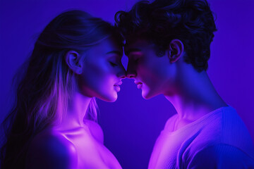 Romantic Portrait of a Young Couple Embracing in Vibrant Neon Purple Light,