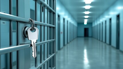 Detailed view of a prison cell door lock with a key inserted, emphasizing security and confinement in a blurred corridor beyond