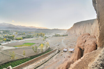 A rock with niches in which Buddha statues once stood in Bamian, Afghanistan