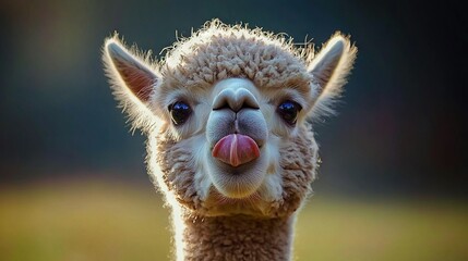 Fototapeta premium A close-up of a llama's face with its tongue sticking out