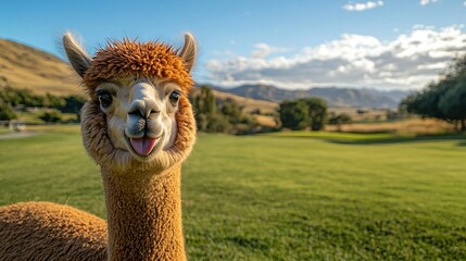 Fototapeta premium A close-up of a lama in a field of grass, surrounded by mountains and cloudy skies