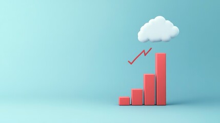 3D rendering of red bar graph, cloud computing, checkmarks, and speech bubble on light blue background.