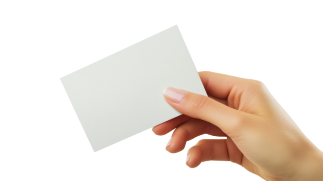 Hand grasping a blank card or ticket, isolated on transparent background