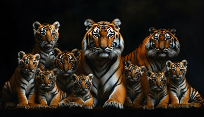 A striking assembly of tigers and cubs presenting a powerful display of strength and family unity against a dark background
