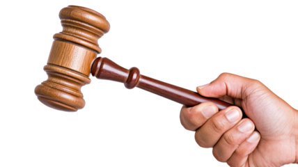 Hand with gavel, isolated on transparent background