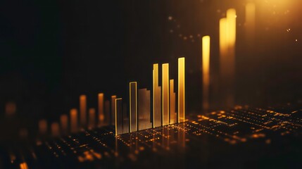 economics GDP analysis concept. A sleek bar chart in gold stands prominently against a dark background, symbolizing financial growth and data analysis.