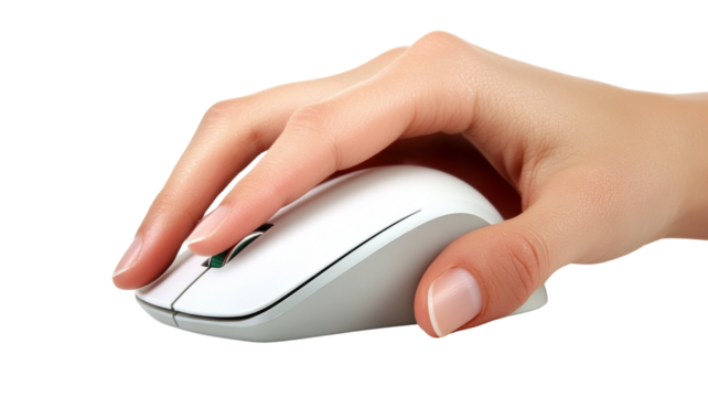 Hand resting on a computer mouse, isolated on transparent background