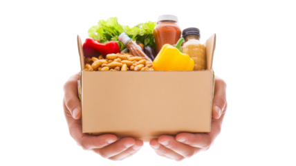 Hands holding food donations box with food grocery, isolated on transparent background