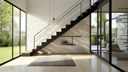 Obraz premium Modern interior with a staircase, large windows, and a view of greenery