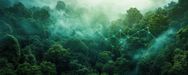 Obraz premium Lush green rainforest with digital innovation line amidst misty trees