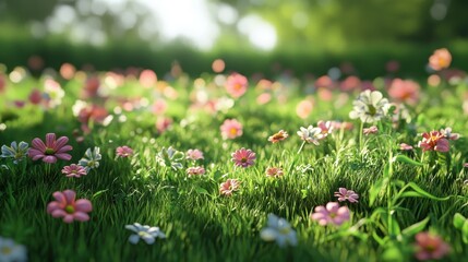 Vibrant wildflowers in a sunlit meadow with greenery