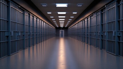 Natural light floods the symmetrical interior of Alcatraz prison cell block, showcasing the stark bars and empty corridor