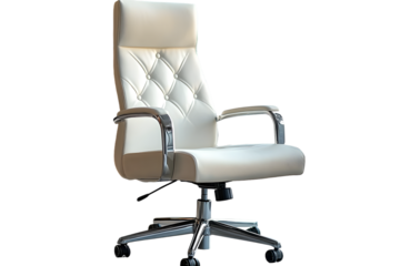 Empty office chair white leather luxurious senior executives for meeting room isolated on cut out PNG or transparent background. Decoration place in living room. Modern interior decoration.