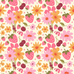 Seamless pattern with wildflowers, strawberries, cherries