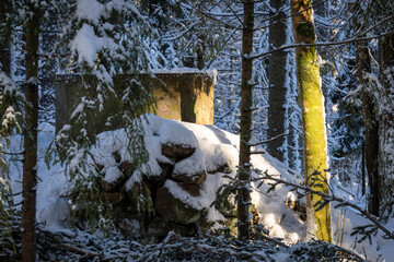 Winter landscape with an historical tar kiln. A part of old tar kiln for the production of tar and...