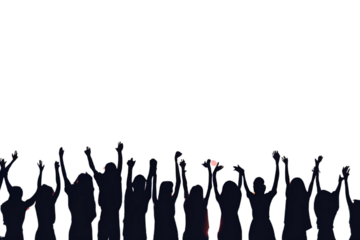 Unity and Celebration in Motion: Silhouettes of a Vibrant Crowd with Raised Hands Against a Glowing Background