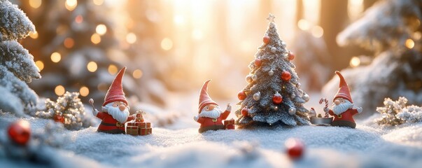 Festive gnomes celebrating christmas in snowy forest with decorated trees