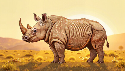 Obraz premium Illustration of a rhinoceros standing in a golden grassland