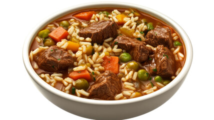 Hearty beef stew with tender chunks of meat, rice, and mixed vegetables, isolated on transparent background