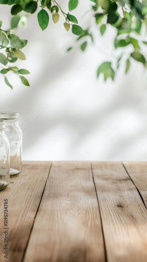 Poster empty glass jars resting on a light brown wooden table, surrounded by hanging green plant branches, 