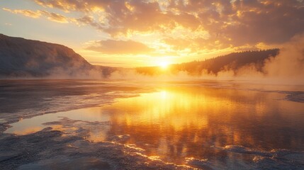 Breathtaking sunrise over steaming geothermal landscape