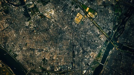 Aerial view of urban metropolis at night with illuminated streets and buildings