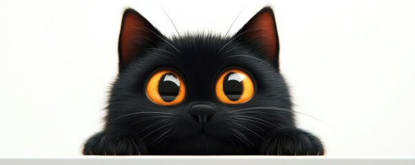 Cute black cat with big orange eyes peeking over a white surface