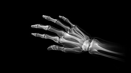 X-ray of a human hand on black background showing detailed bone structure