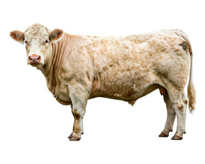 A full body side view of an Australian cow with white hair, standing on a white background. The cow is illuminated by soft, natural light.