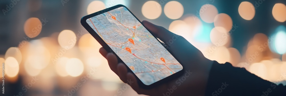 Poster Hand holding smartphone displaying gps map application with marked locations and route in urban environment at night, showcasing concept of modern navigation and location services