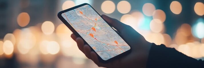 Hand holding smartphone displaying gps map application with marked locations and route in urban environment at night, showcasing concept of modern navigation and location services