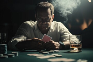Fototapeta premium Intense Poker Player at Table: High Stakes and Concentration