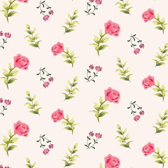Pattern with pink roses.Vector seamless pattern with roses and leaves on a colored background.