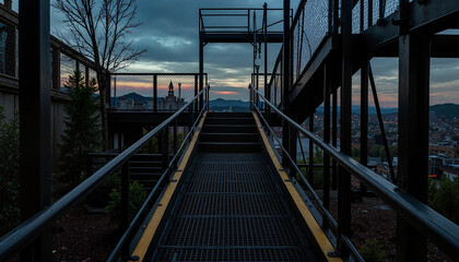 Fototapeta premium Metal Staircase at an Industrial Site with a City View Below, Evening Clouds in the Sky