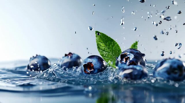 Fresh blueberries, glistening and vibrant, plunge into clear water, creating beautiful splashes and ripples. This visually stunning moment celebrates nature's bounty.